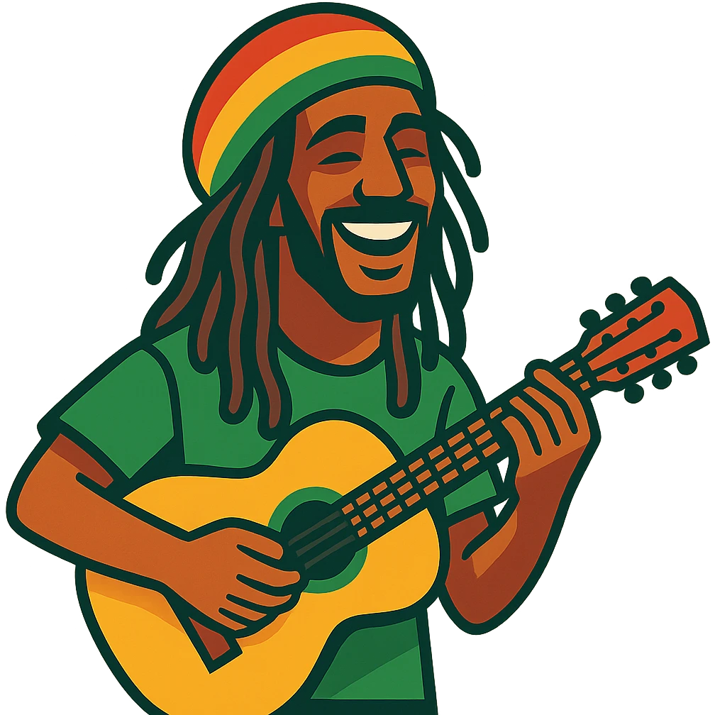 reggae musician with dreadlocks, colorful hat, smiling emoji