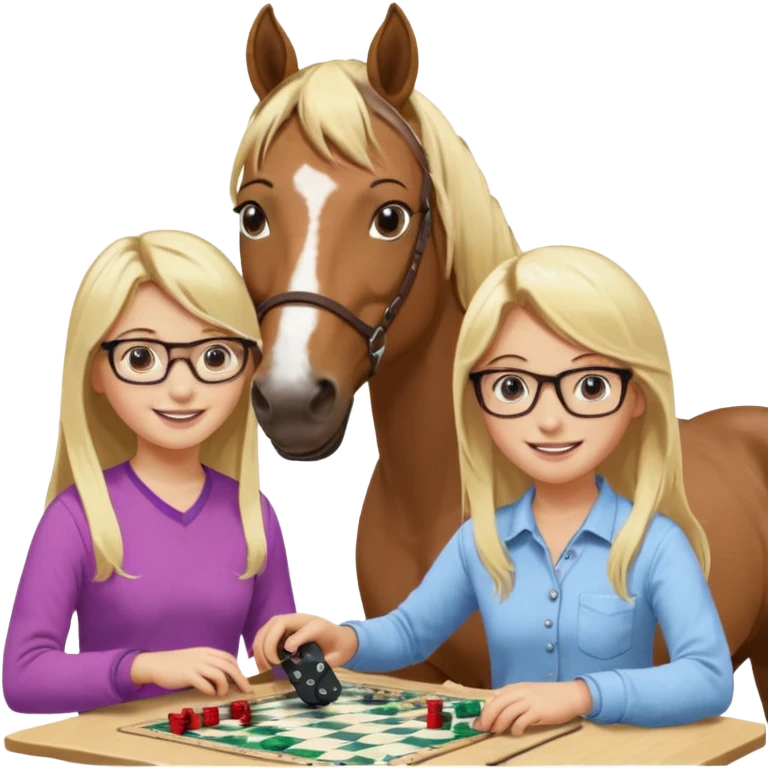 je voudrai un emoji d'une fille aux cheveux longs et blonds avec des lunettes qui fait plein de choses droles (1 avec un cheval, 1 derrière un écran ou une console, une entrain de découper, une entrain de faire un jeu de société, une qui cuisine, emoji