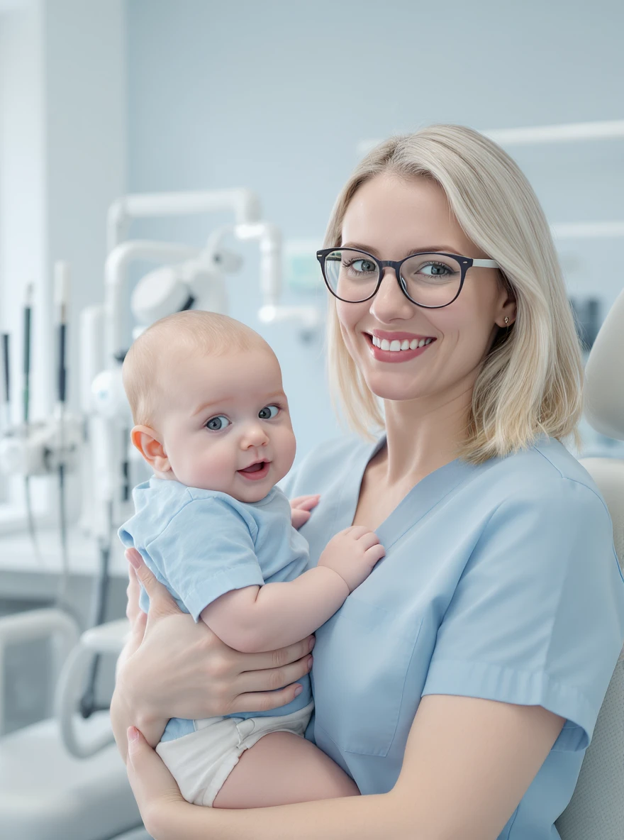 Cinematic still, Proffesional advertising of a smiling european white woman with glasses smiling holding baby, minimalistic ophthalmologist interior in background, leading  lines, "rule of thirds", 60/30/10 colors, soft light, blue colors emoji