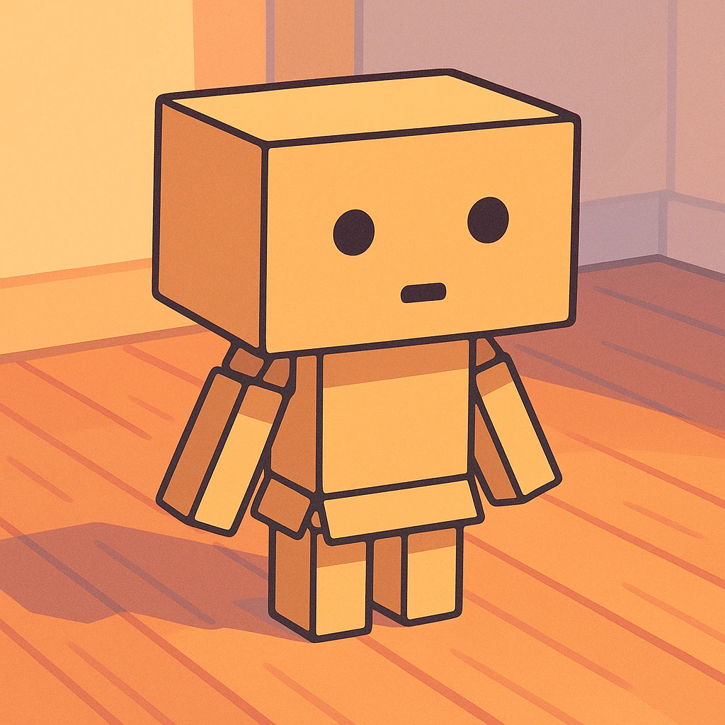 small cardboard robot named Danbo standing alone in the middle of a softly lit room, square head with two round black eyes and a small rectangular mouth, body made of folded cardboard panels, jointed arms and legs, cartoonish style with clean lines and pastel colors, warm wooden flooring, soft shadows, cozy and nostalgic atmosphere emoji
