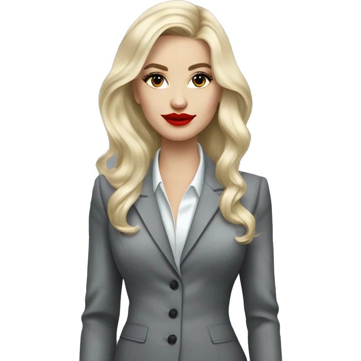 Russian Blonde long hair with red lips small nose and black eyes Tiffany diamond seller in a grey suit emoji