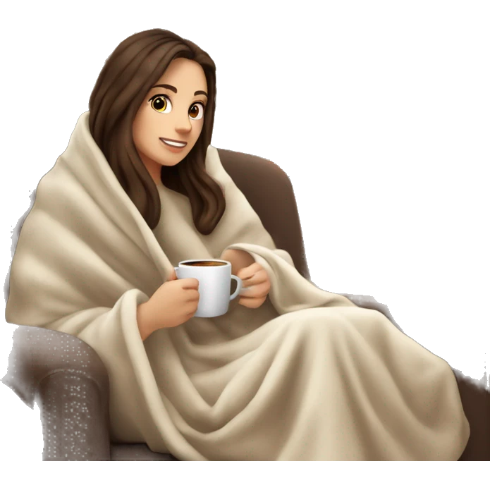 Brunette white girl covered in blanket autumn vibe sitting on a cozy chair holding coffee, window on the background emoji