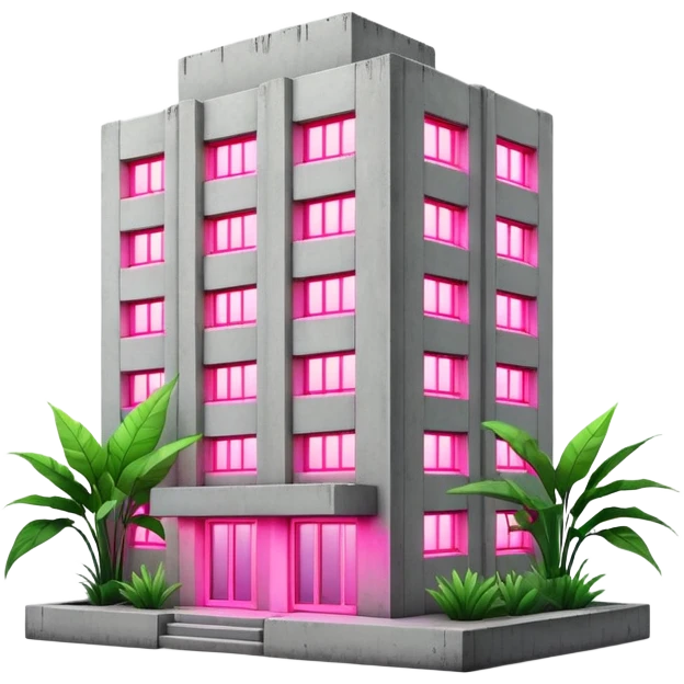 Soviet-style concrete panel apartment building block with neon pink light glowing from one window for indoor plants emoji