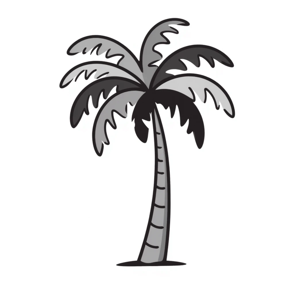 a palm tree with a curved trunk and large fronds, pastel colors dd9fb0, ffc6d3, a3bfc9, c4bee2, f1b091, detailed hand-drawn doodle style emoji