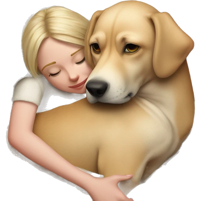 Dog laying on a knitted red blanket and he is snuggling. with a girl that’s blonde emoji