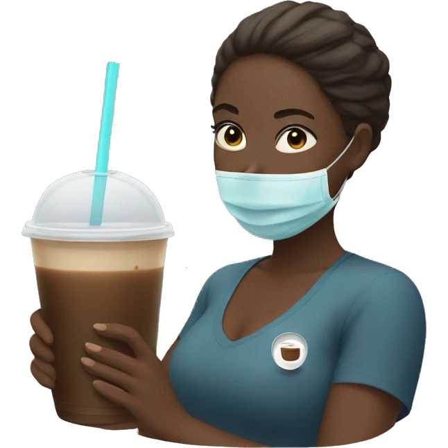 Woman with face mask with a ice coffee in hand  emoji