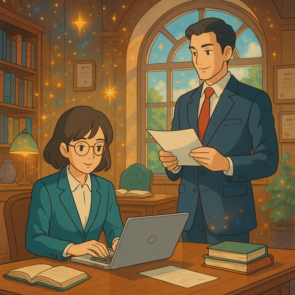 ghibli style illustration of a leader and manager working together in a magical office, showing harmony and distinction emoji