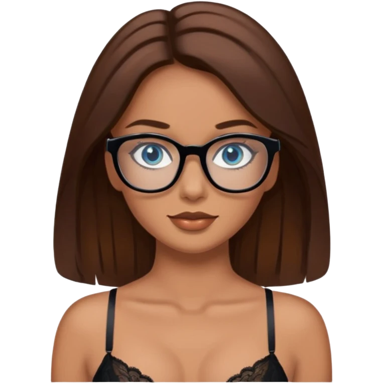 Brown, brown hair, blue eye, beautiful woman with black glasses I’m wearing lingerie emoji
