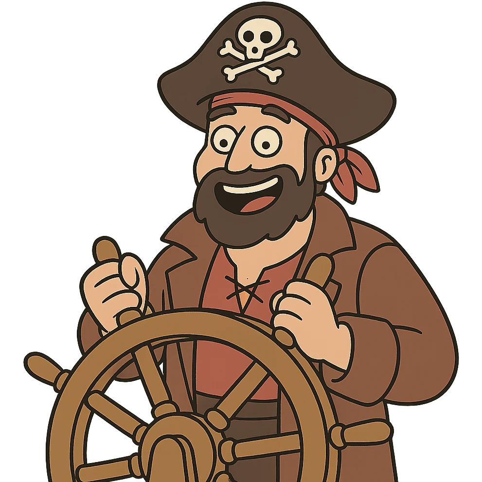 pirate steering a ship wheel, cheerful expression, simple style emoji