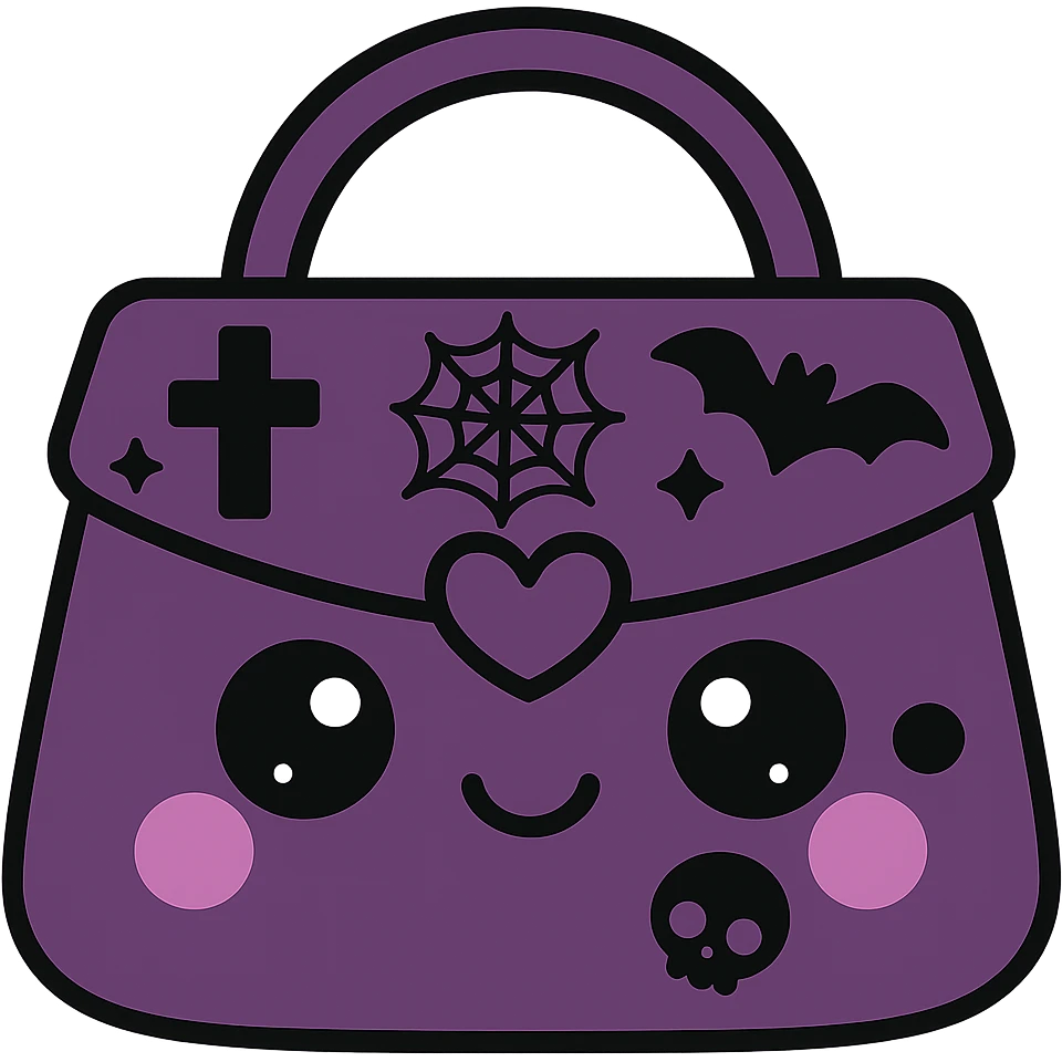 Change the color scheme to purple and black. Create a gothic kawaii purse with big eyes, smiling, cartoonish and playful style. Add gothic details like crosses, spiderwebs, bats, and skulls. Remove the background. emoji