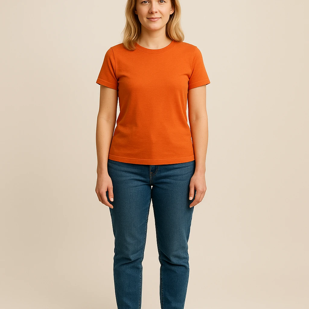 woman with blond hair standing, full body, wearing an orange shirt, simple background emoji