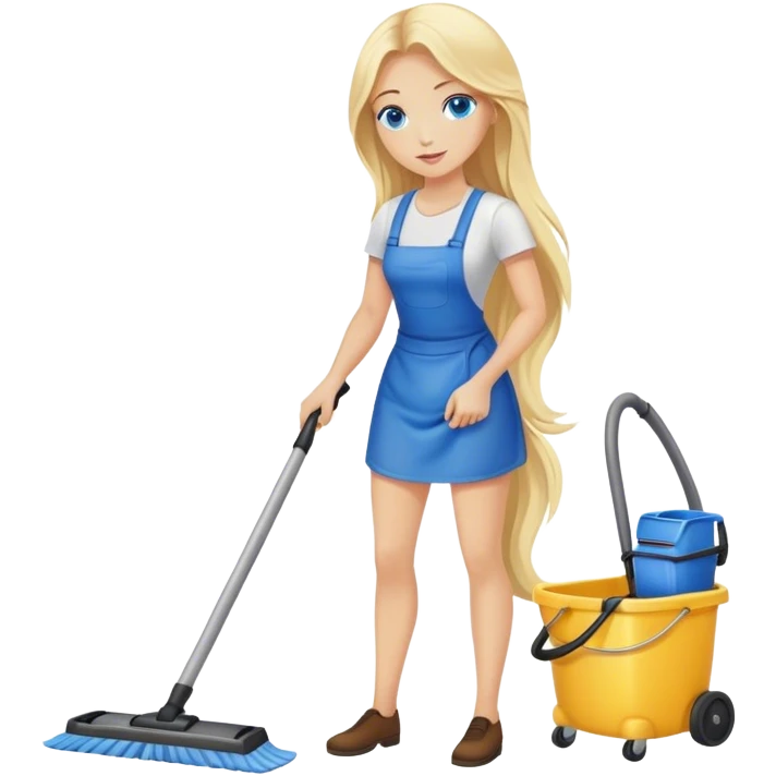 Cinematic realistic blonde with long hair, blue eyes cleans floors emoji
