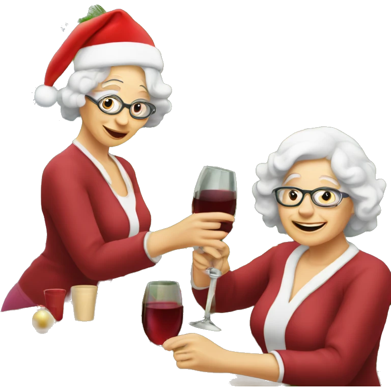 2 older ladies putting ornaments on a Christmas tree and drinking wine emoji