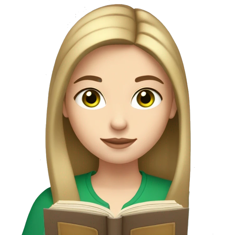 Girl with straight chin length light brown hair and pale skin tone and green eyes reading a book  emoji