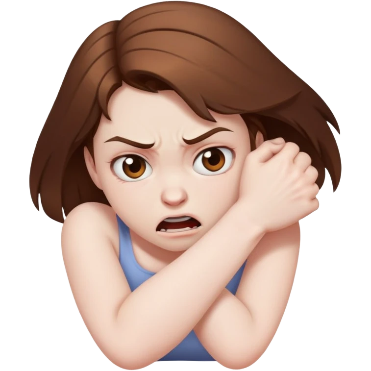 Brown haired pale girl, strangling herself looking angry emoji
