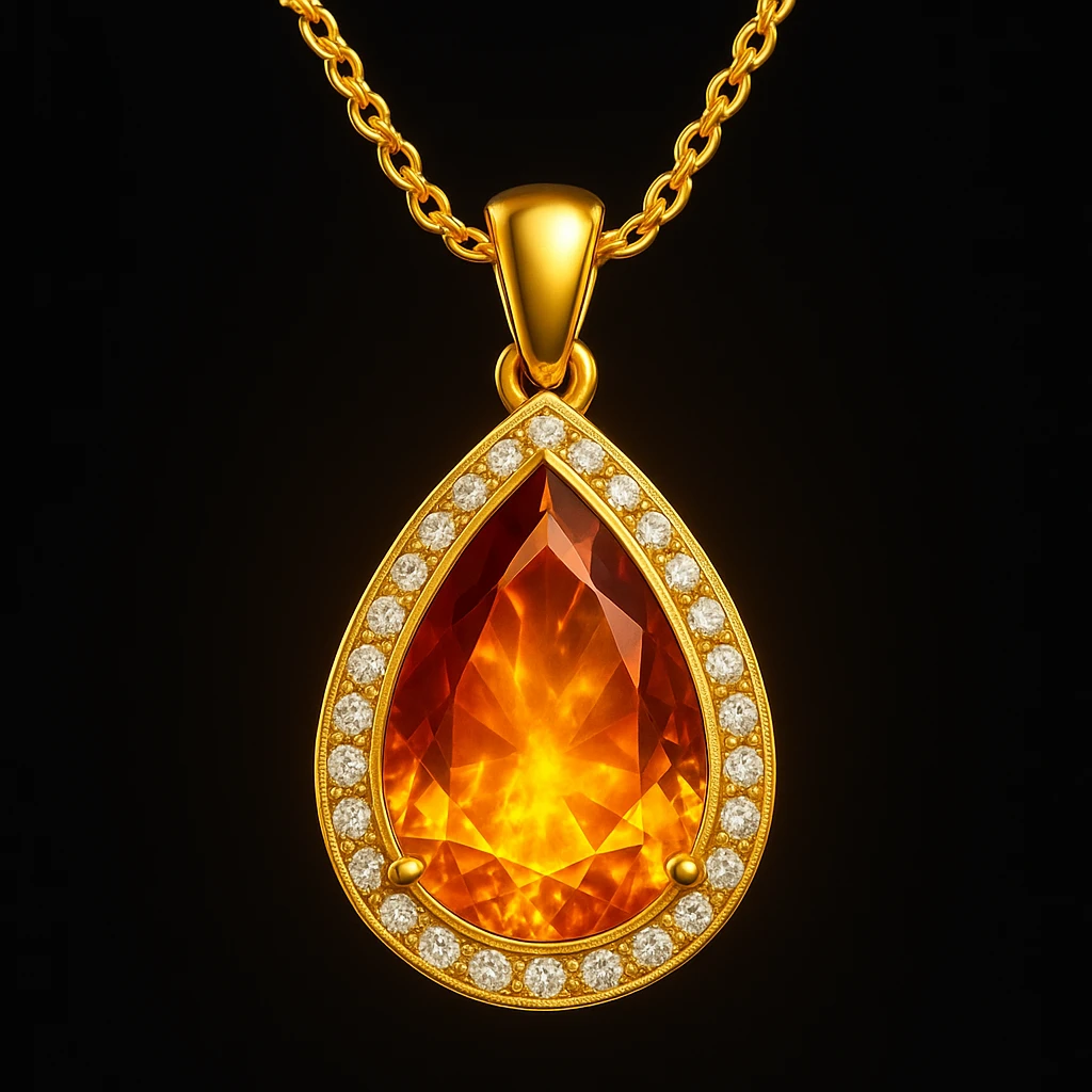 Add a yellow fiery light to the teardrop ruby pendant, representing transformation and rebirth emoji