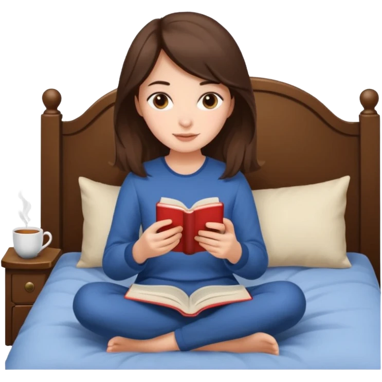 Девушка сидит на кровати и читает книгу , в руках чай emoji