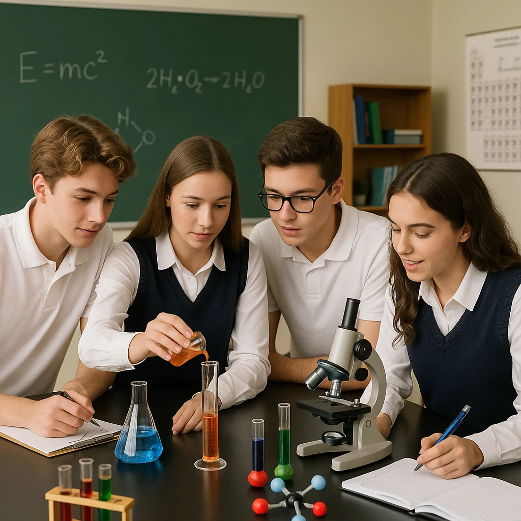 male and female students together, wearing school uniforms (white polo for male, white long sleeves and navy blue vest for female), working on a science experiment, hands-on learning emoji