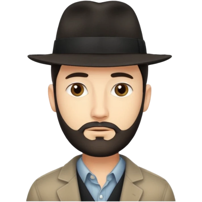 A light-skinned man with short dark hair, thin straight beard, and a black fedora, with an oval face and calm look. emoji