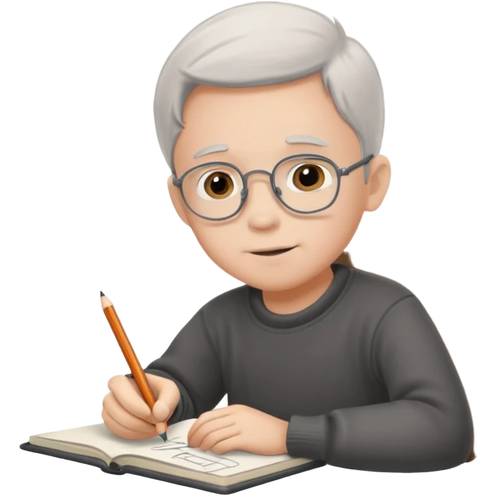 boy ,drawing pic of grandpa on the notebook, characoal emoji