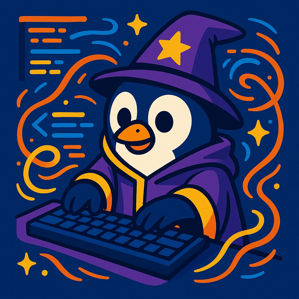 a cute penguin in wizard robes, typing on a keyboard, with lines of code and magical effects swirling around emoji