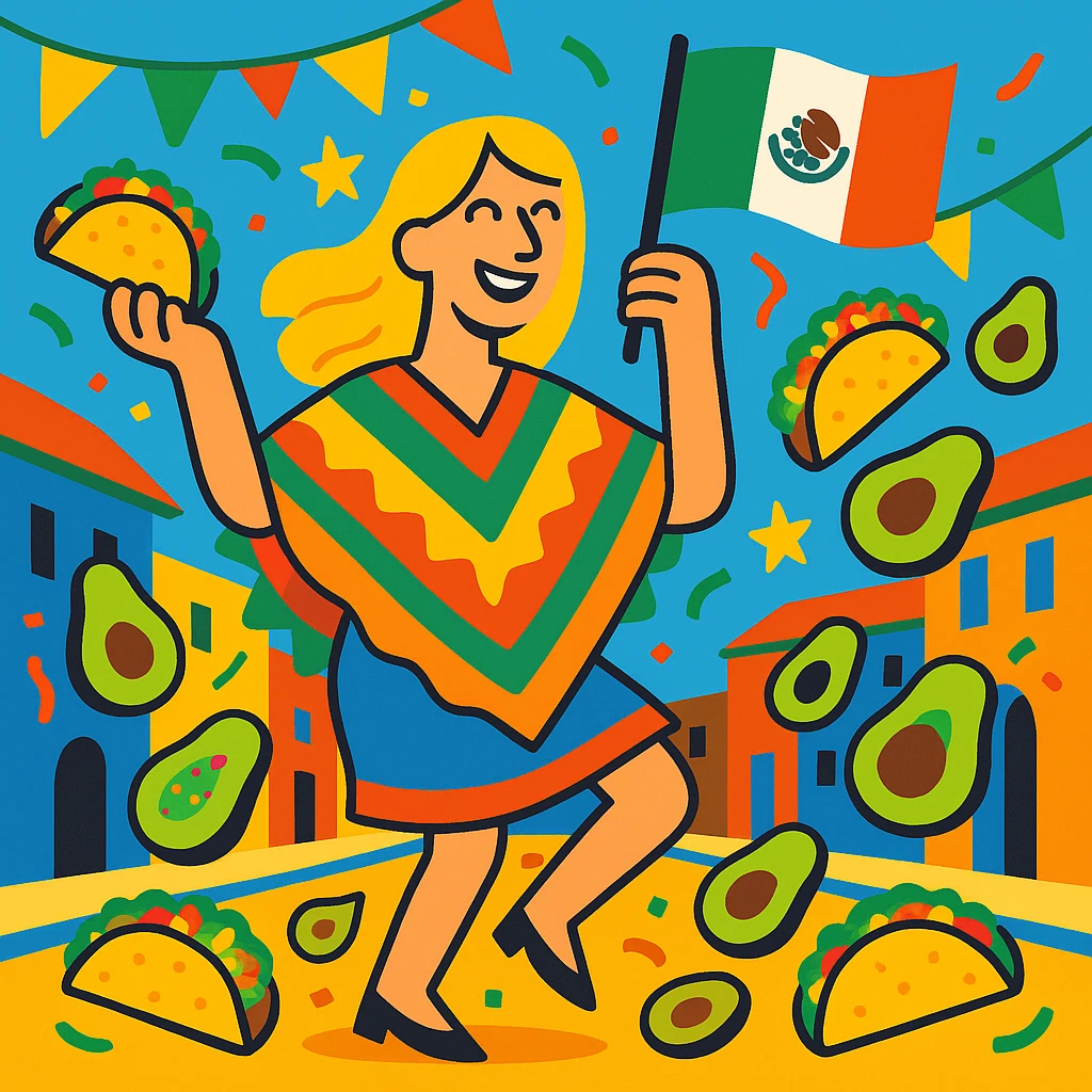 festive Cinco de Mayo cartoon of a tall blonde woman, smiling, wearing a colorful poncho, holding a taco and an avocado, waving a Mexico flag, dancing in the street, surrounded by tacos and avocados, lively street party background, bright and bold colors emoji