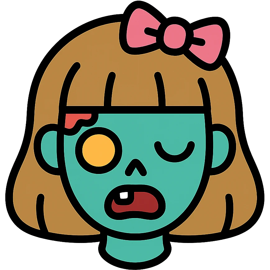 zombie girl with bangs, medium light brown hair and a pink bow, outlined color icon style emoji