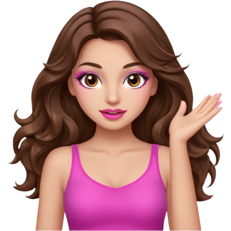 girl with long wavy brown hair, brown eyes, long lashes makeup, sexy pink lips, light to medium complexion, pink sexy top, dancing emoji