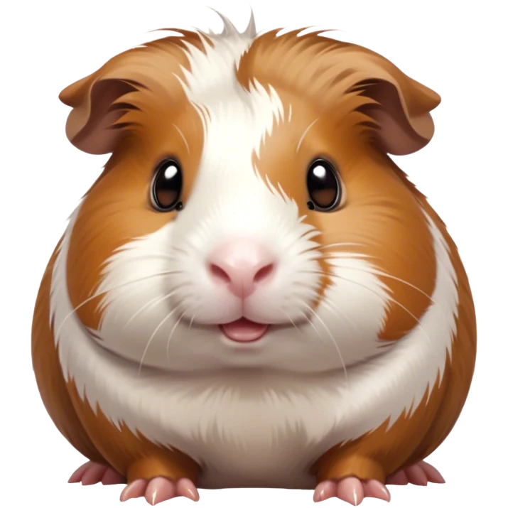 Cinematic Cute Brown and White Banded Guinea Pig Portrait Emoji, Head tilted playfully and inquisitively, showcasing a fluffy coat with playful brown and white banded patterns, round, sparkling dark eyes filled with curiosity, Simplified yet irresistibly adorable features, highly detailed, glowing with a warm, friendly glow, high shine, affectionate and spirited, stylized with a touch of whimsy, bright and endearing, soft glowing outline, capturing the essence of a mischievous yet loving guinea pig, so playful it feels like it could dash out of the screen and into your arms! emoji