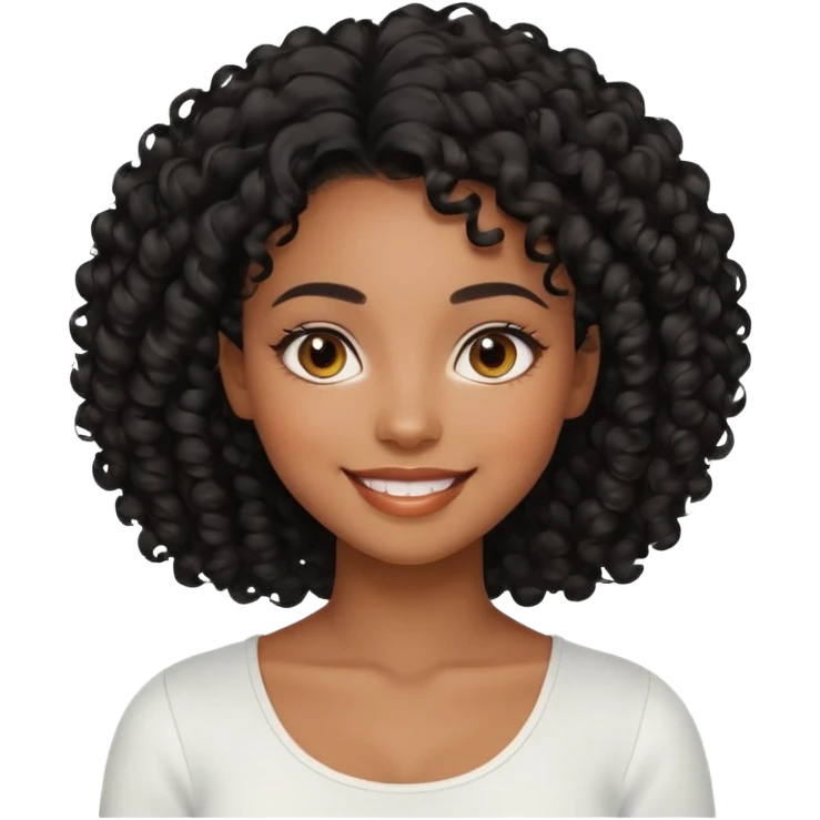 a young woman.She has voluminous, curly black hair that frames her face beautifully. Her skin tone is black light and glowing, and she has a subtle, natural makeup look. She’s smiling softly at the camera. She is wearing a white top emoji