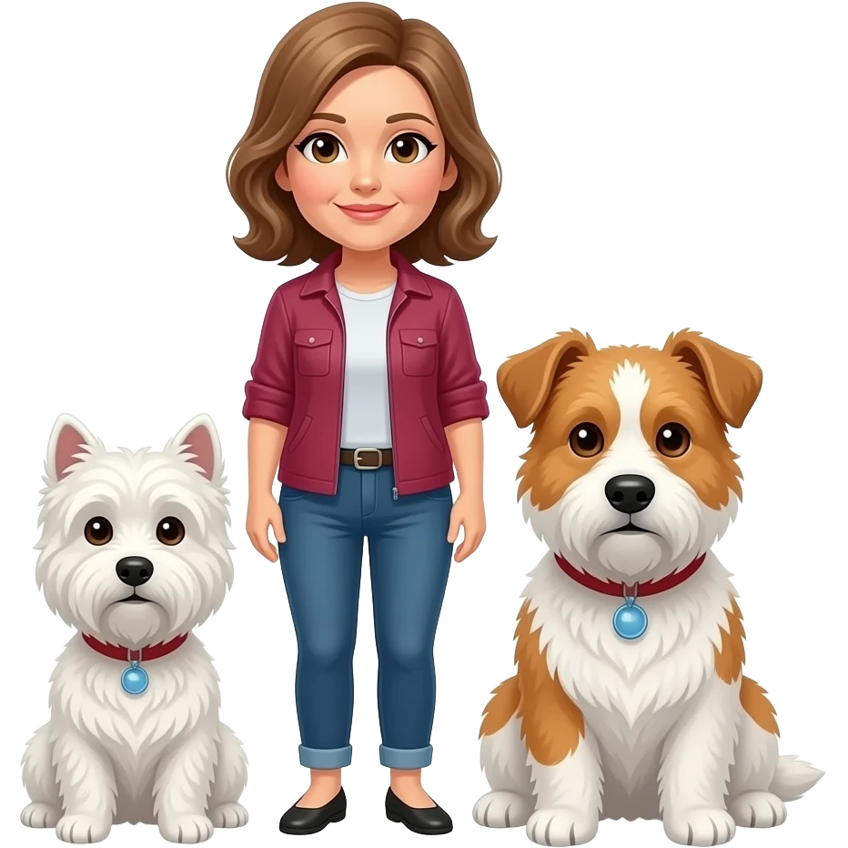 Middle age woman brown eyes , shoulder length light brown hair, with a female westie and a male westie emoji
