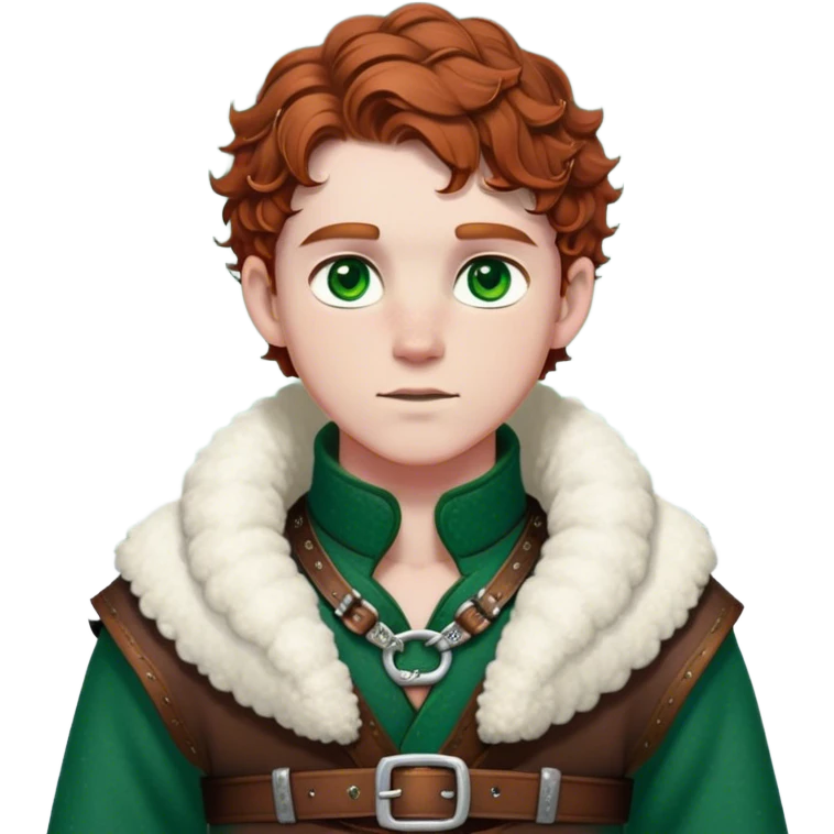 Medieval winter outfit worn by a DnD themed fantasy male character. Rich brown leather-trimmed wool tunic with sheepskin lining, featuring intricate metal buckles at the collar, paired with a heavy braided belt. Clothes only above the waist, full waist coverage. The character has no arms. Character is white-skinned with auburn hair, emerald green eyes, and short curly hair beneath a light dusting of snow. emoji