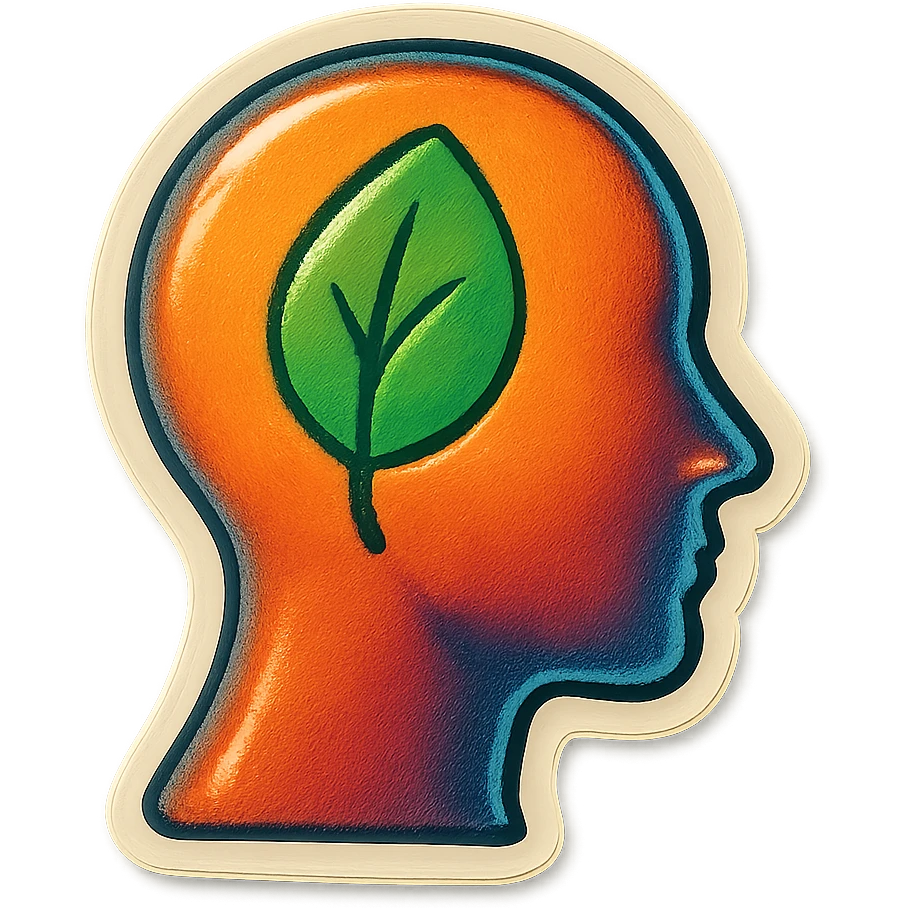 human silhouette or body with a leaf symbolizing mental health placed on the face, retro stickers style, clear outlines, strong shadows and highlights, fun and not too complex, psychosomatics and psychology theme emoji