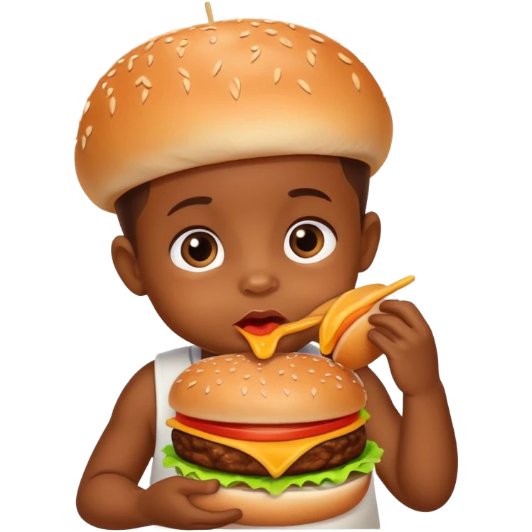 A brown skin baby eating a burger emoji