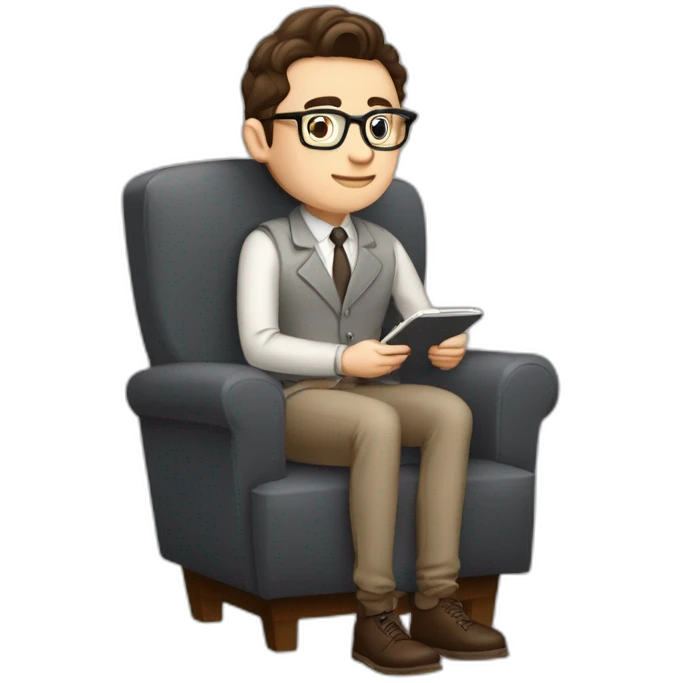 Pale skinned Fit Man With dark brown hair in gray jacket, beige office shirt, Brown pants and vintage glasses sitting In a soft chair with a notebook on spring with emblem Ψ and a pen emoji