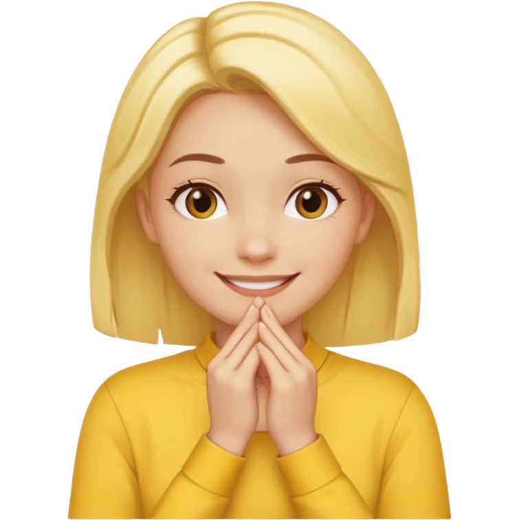 yellow smiling face girl with both hands under chin fingers touching emoji