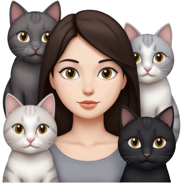 brunette woman with four cat, one is black one is full white the other two is full gray cats emoji