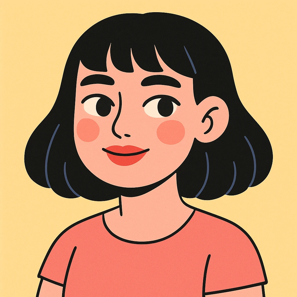 portrait of a girl with black shoulder-length hair, bangs, black almond-shaped eyes, full lips, and straight nose, in pastel toon style emoji