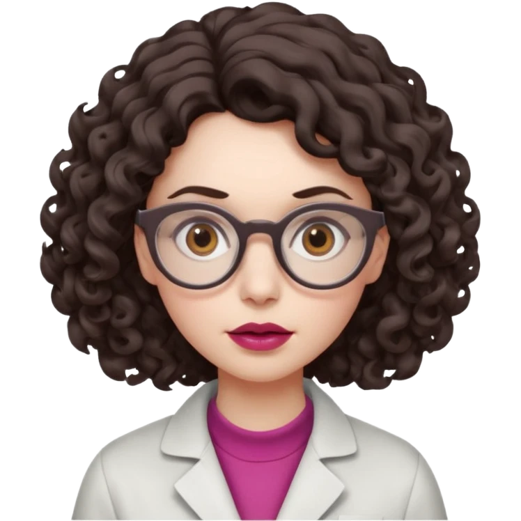 A crazy female scientist, with curly-wavy dark brown medium lenght hair, brown eyes and light grey glasses and pale skin and pinkish lips, dressed to look like an english teacher but in neutral tones like grey black white, maybe with the pop of dark red, she should look slighltly insane emoji