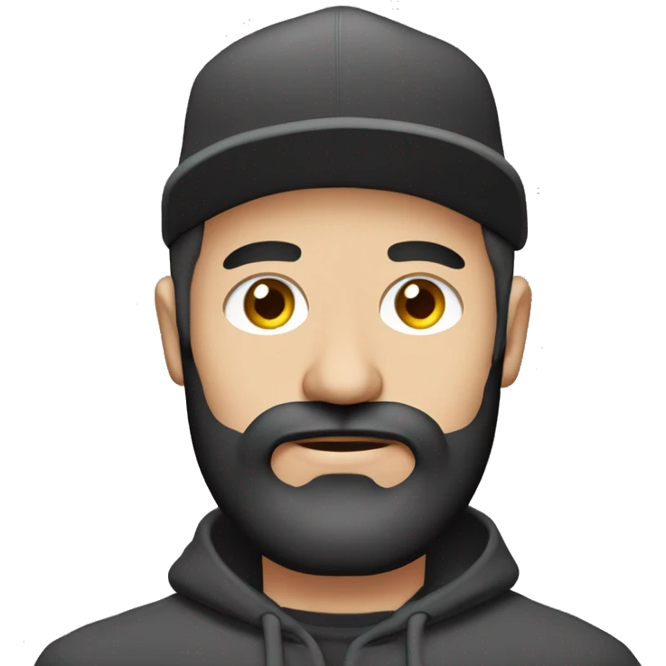 Hombre de ojos claros, con barba fina y perilla, gorra negra bordada, y sudadera gris. Expresión relajada y estilo urbano. emoji
