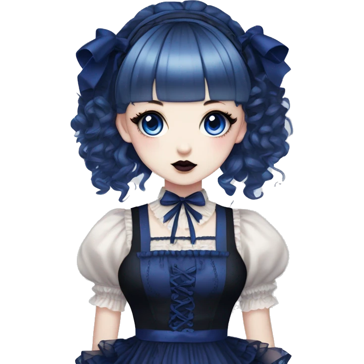 Japanese pale woman with Dark Blue curly pigtails and bangs, royal blue lips and eyeshadow, long eyelashes, blue eyes, black Lolita dress with laces and ribbons, gothic Lolita doll look emoji