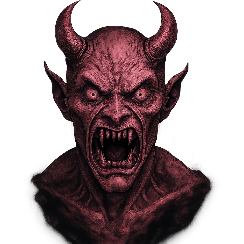 scary pink devil with a frightening facial expression, sharp teeth, pink skin, horns, dark aura emoji