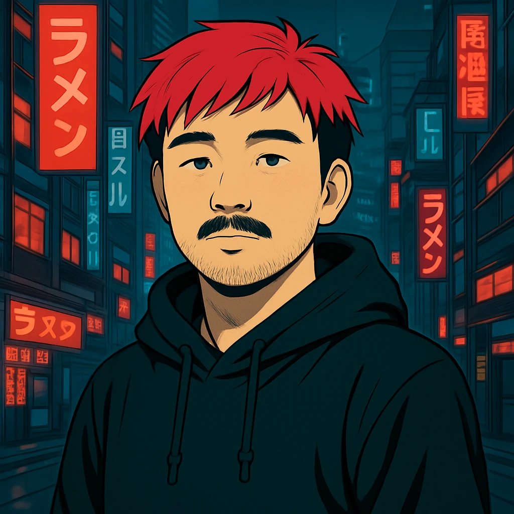 Asian man with a bit round face, less mustache, and a bit of beard, red hair, black hoodie, Japanese cyberpunk anime style, futuristic city background emoji