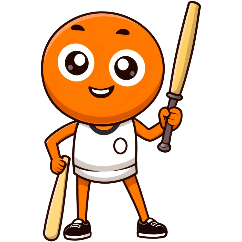 This image shows a cartoonish, anthropomorphic orange character shaped like a rounded rectangle. The character has large, expressive eyes, thick black eyebrows, and a wide, cheerful smile with visible teeth. It has two thin arms and legs, and it’s holding a small baseball bat in its right hand.  emoji