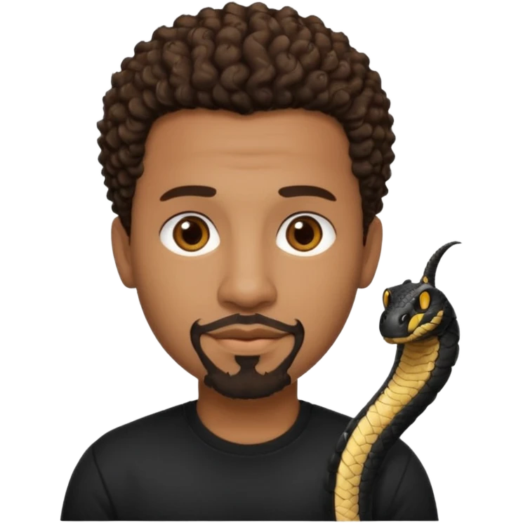 Homme noir, yeux marron avec un bouc menton, cheveux court et bouclé crépus avec un dégradé sur le côté, avec un cobra à côté , t-shirt noir  emoji