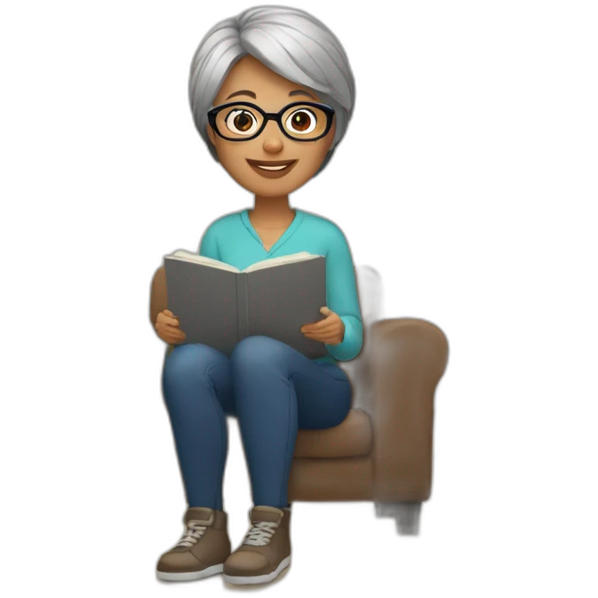 Woman with short gray hair and glasses sitting by fireplace  emoji