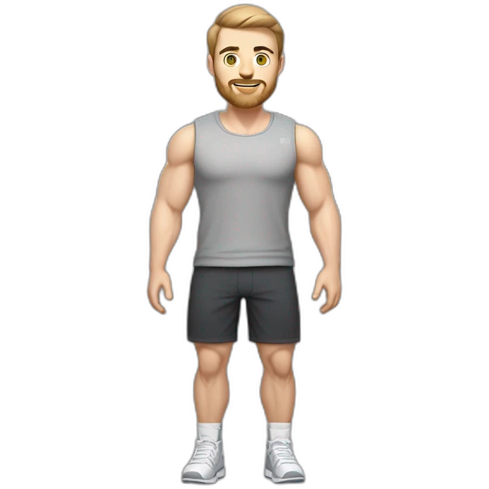 Full height Pale skinned muscular man With Realistic eyes and mouth, light brown hair and stubble In dark gray sleeveless mike, black oversize sports shorts, watch and white sneakers. emoji