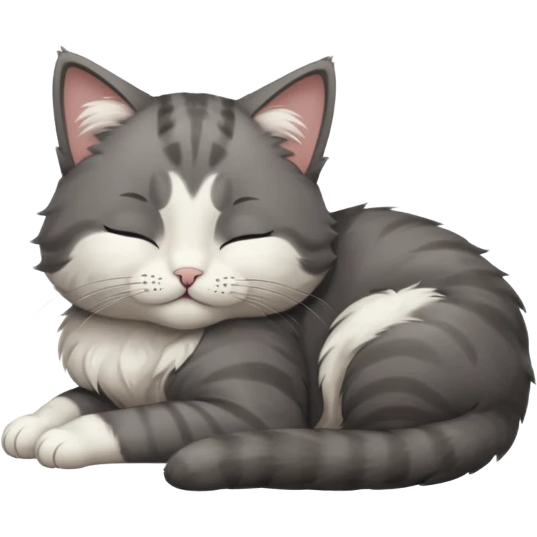 dark grey and white small cat with closed eyes, leaning his head on his paw while leaning on his elbow lying down emoji