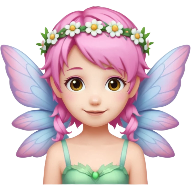 A tiny pastel fairy with pink hair with glowing wings and a sweet smile and tiny flower crown
 emoji