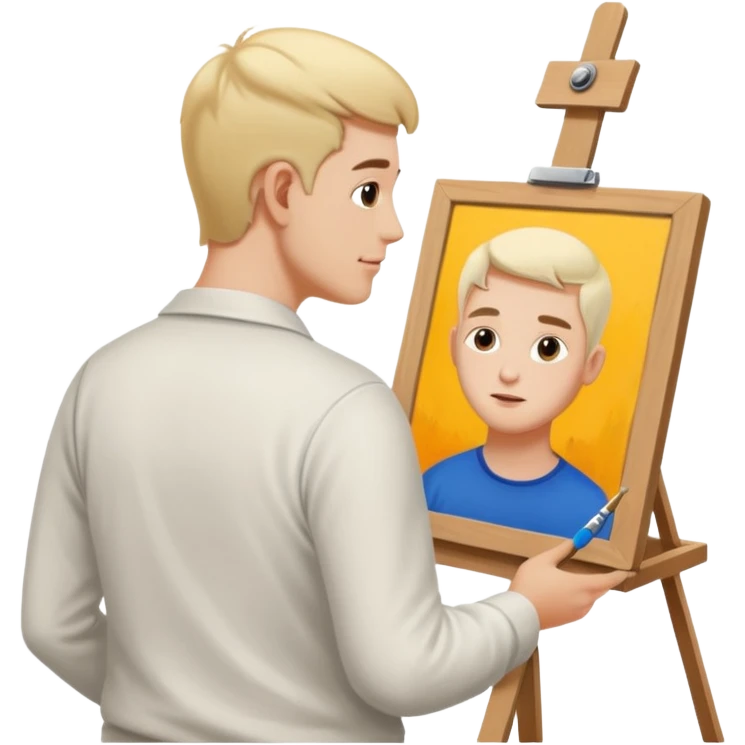 the white artist stands with his back to the painting, painting a portrait emoji